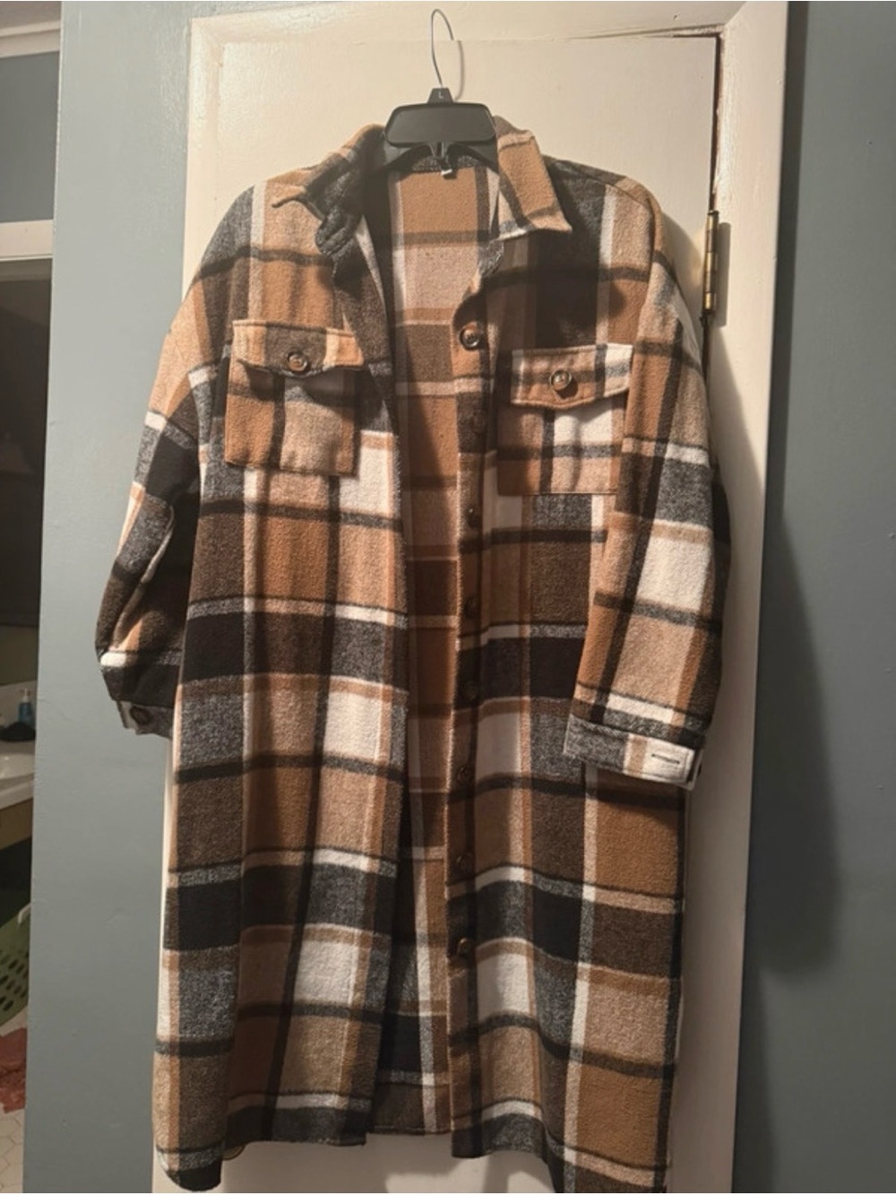 Plaid Longline Shirt Jacket in Brown and Cream